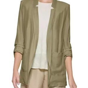 DKNY Woven Open Front 3/4 Scrunch Sleeve Blazer in Fatigue Green, Womens Large